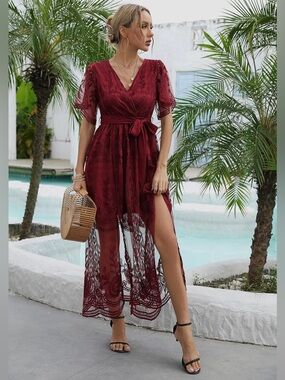 Eleter Elegant Burgundy Lace Wrap Maxi Dress with Tie Waist